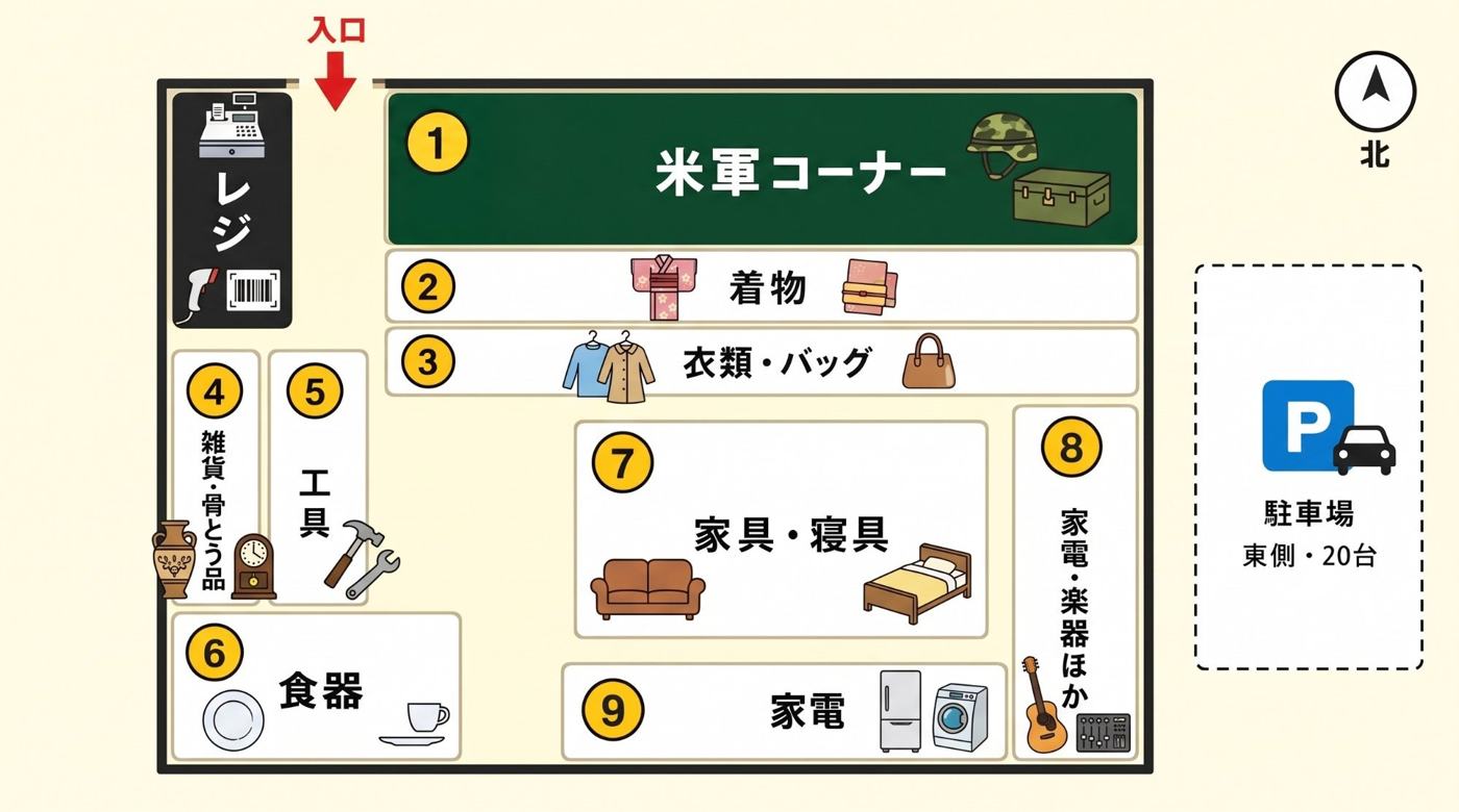 ふきのとう売場マップ。入口から入ると、左手に米軍コーナー、右手にレジがあります。駐車場は店舗の東側です