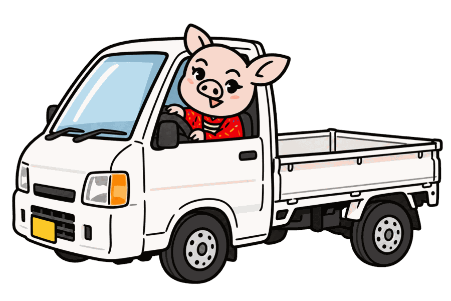 ふきのとうの豚のキャラクターが軽トラックを運転するイラスト