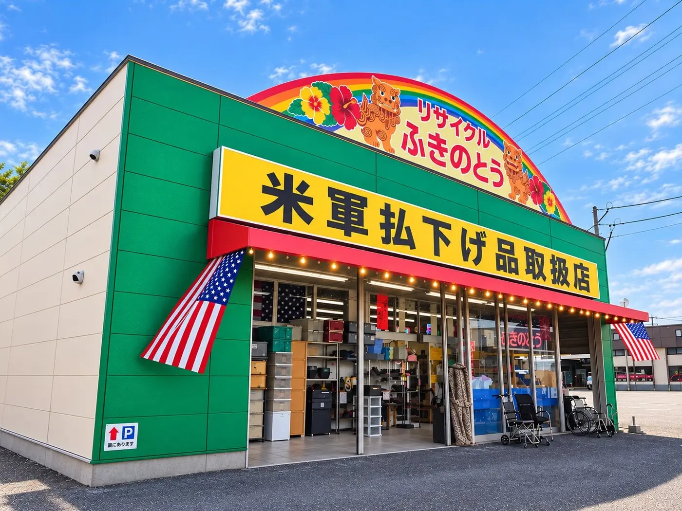 青空の下に立つリサイクルショップふきのとうの店舗外観